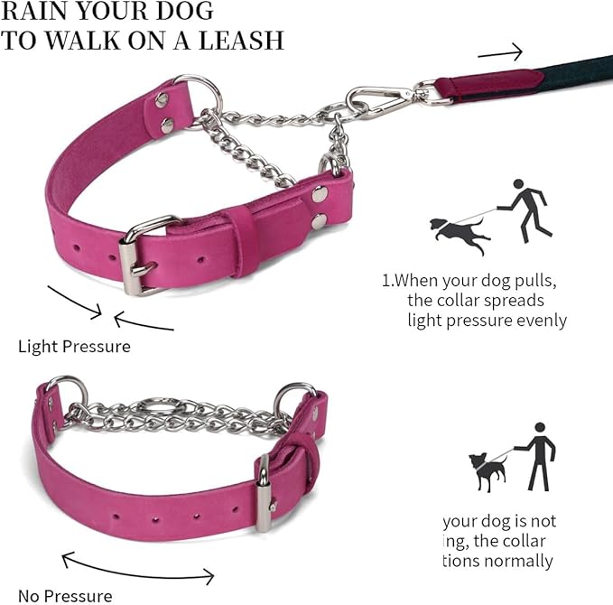 Martingale Collar for Dogs No-Pull Adjustable Training Collar with Stainless Steel Chain - Genuine Leather Anti-Slip Design for Small,Medium,Large Breed Dogs - Pink (L)