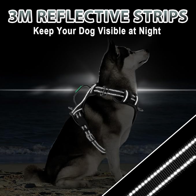 BARKBAY No Pull Dog Harness 3 Buckles Large Reflective Dog Harness with Front Clip and Easy Control Handle for Walking Training Running with ID tag Pocket(Black,L)