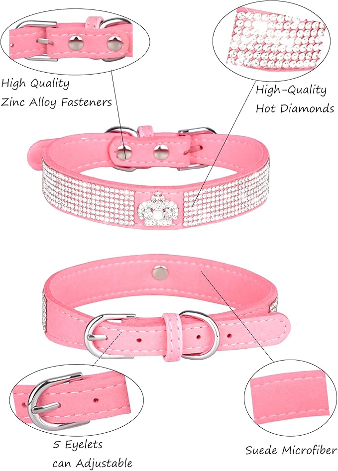 Dog Collar for Small Dogs, Adjustable Leather Suede Bling Dog Collars，Pink Dog Collar Cat Collar, Rhinestone Dog Collar (M, pink3)
