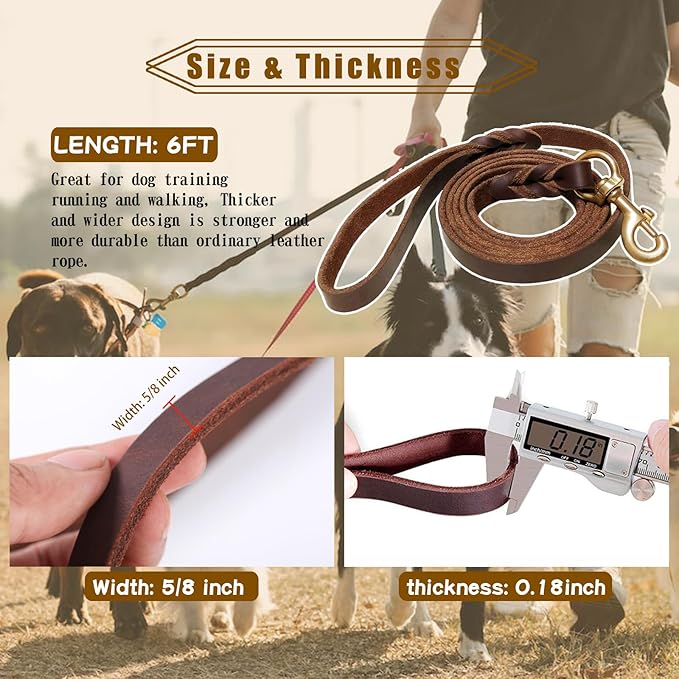 Leather Dog Leash 6ft x 5/8 inch,Strong Heavy Duty Genuine Leather Braided Dog Training Leash, Soft and Comfortable for Large Dogs, Medium Small Dogs (Brown, 6FT*5/8in)