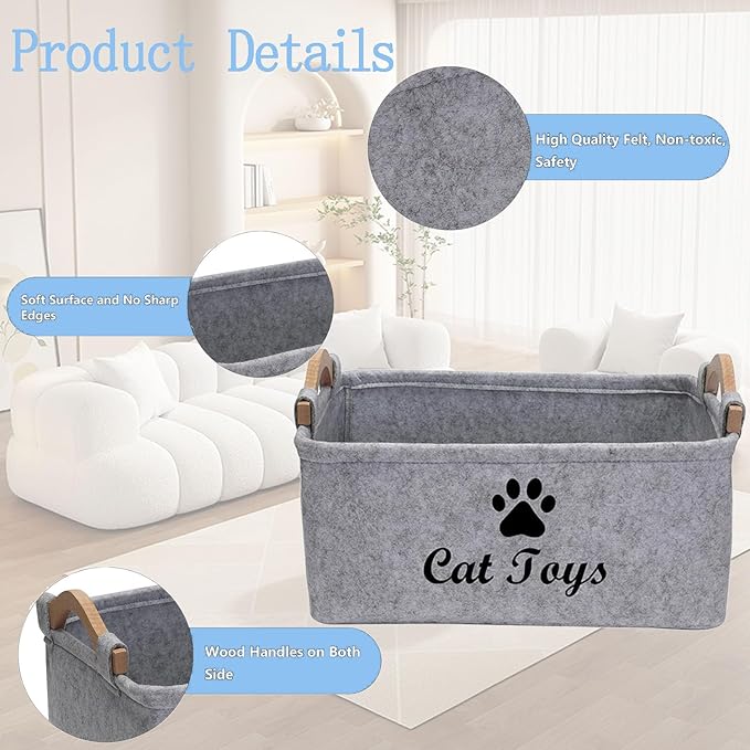 CozyCove Felt pet Toy Box Collapsible Pet Supplies Storage Basket cat toy box storage basket chest organizer, Fabric Storage Bin for Organizing Pet Toys, Blankets, Leashes, and Food grey pet Toy Box