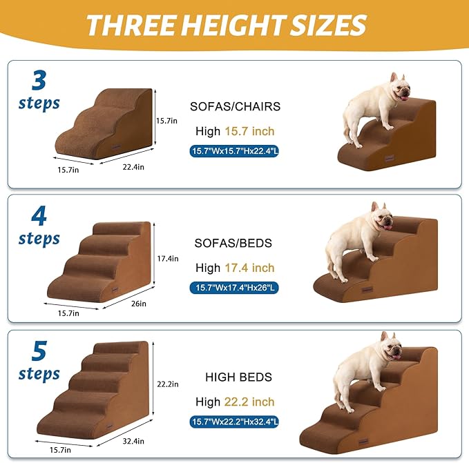4-Step Dog Stairs and Ramp for Beds or Couches – Non-Slip Sturdy Pet Steps for Small Dogs and Cats,17.4" H,Brown