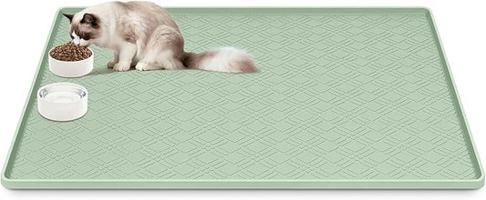 Lanstics Cat Food Mat, 42" x 29" Large Silicone Mat Cat Feeding Mat with Raised Edge Non-Slip Pet Feeding Mat for Food and Water Bowl, Easy to Clean, Floor Protection (Light Green)