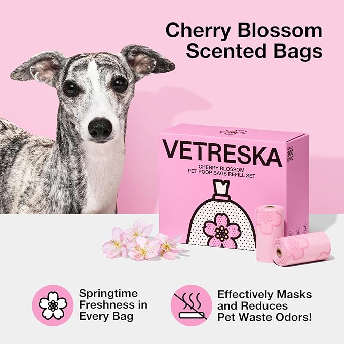 VETRESKA Cherry Blossom Scented Dog Poop Bags, Leak Proof, Extra Thick and Large Pet Waste Bags for Dog Walking and Cat Litter, 20 Refill Rolls, 300 Bags, Pink