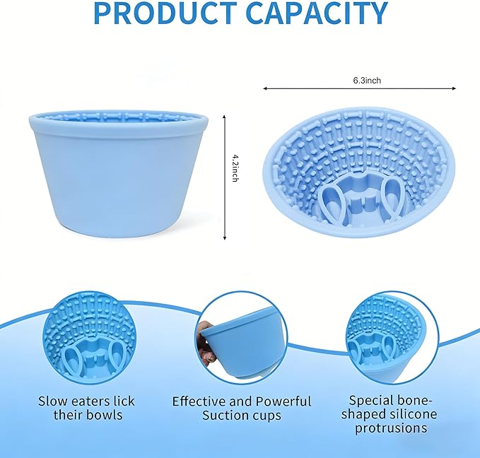 Large Silicone Dog Bowls,Non-Slip Dog Licking Treat Dispenser,Anxiety Relief Slow Feeder Treat Dispenser, Slow Feeder Bowls for Small Medium Large Breed Dogs,BPA Free Silicone(blue-4cup).