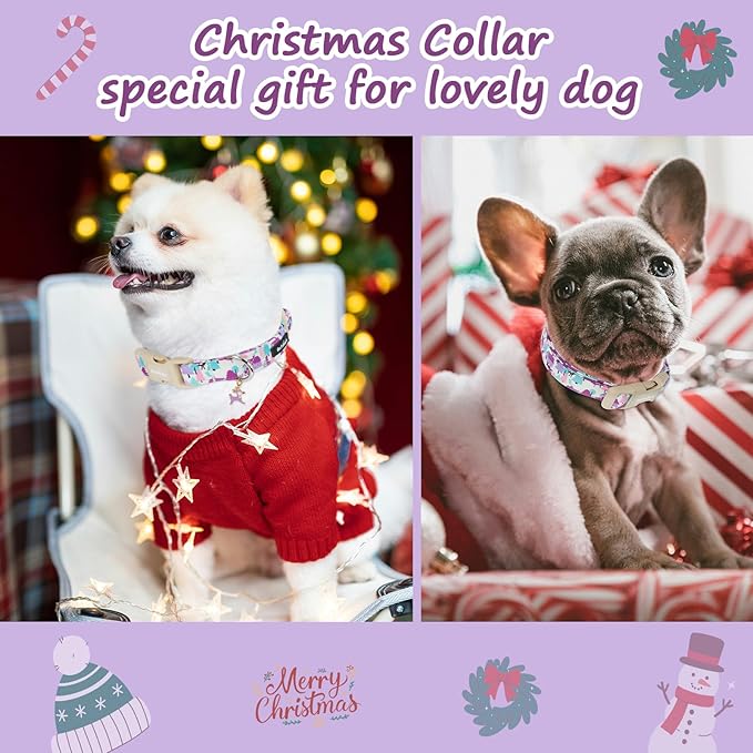 Winter Wonderland Dog Collar for Small Dogs竊똀djustable White Puppy Collar with Purple Pink Teal Pine Tree, Deer and Cabin Line Art, for Daily Walks, Photos & Seasonal Adventures - M