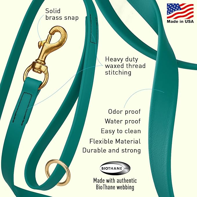 Viper Biothane K9 Working Dog Leash Waterproof Lead for Tracking Training Schutzhund Odor-Proof Long Line with Solid Brass Snap for Puppy Medium and Large Dogs 4ft, Blue Aqua