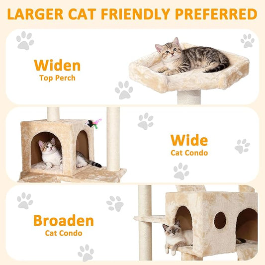 Extra Large Platform Cat Tree 69in Sturdy Cat Scratching Tree for Indoor Cats Large Adult Big Cat Perch Tower with 3 Padded Perches 5 Scratching Posts Cat Condo Hammock Beige