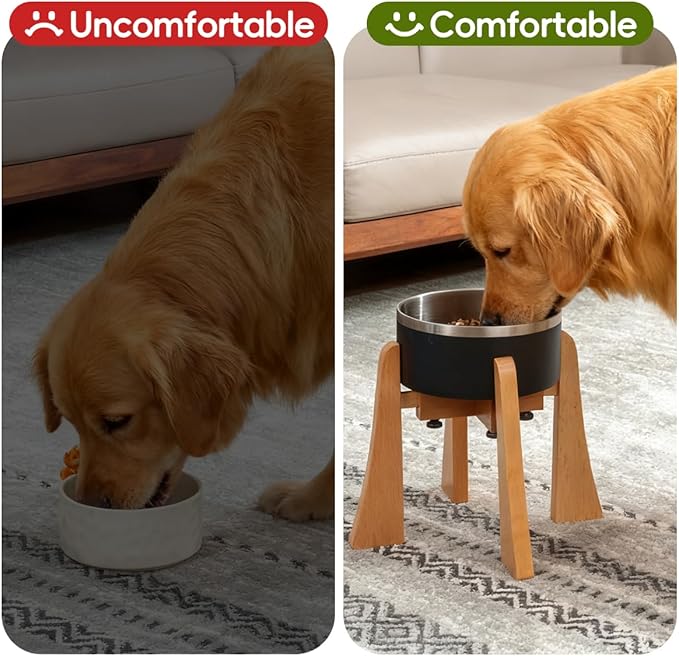 Beech Dog Bowl Stand for Medium Large Dogs,Elevated Dog Bowl Large Breed,Raised Bowl Stand，Adjustable Width for Different Bowls,Feeding Station with Non-Slip Feet (12-inch High)