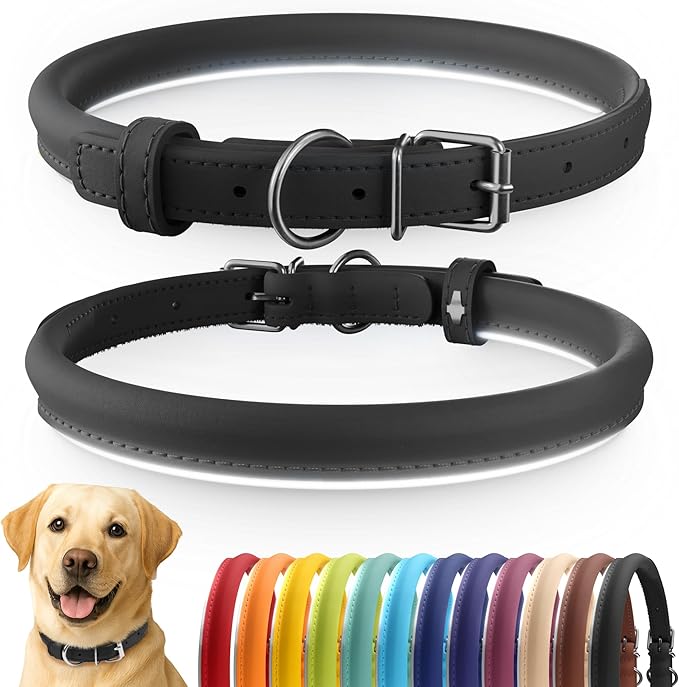 CollarDirect Rolled Leather Dog Collar, Soft Padded Round Puppy Collar, Handmade Genuine Leather Collar Dog Small Large Cat Collars 13 Colors (15-19 Inch, Black Smooth)