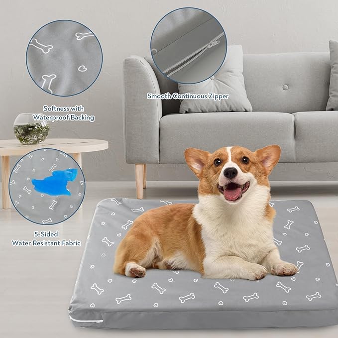 Waterproof Dog Bed Cover, Removable Dog Bed Covers Replacement Washable with Smooth Zipper, Indoor/Outdoor, Bone Print 22 x 35 x 3 Inch for Dog/Cat, Cover Only