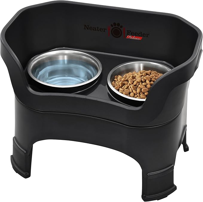 Neater Feeder Deluxe Mess Proof Dog Bowls Elevated for Large Dogs – Made in USA – No Spill Raised Dog Food Bowl Stand w/Leg Extensions – Stainless Steel Dog Food and Water Bowl Set – Black