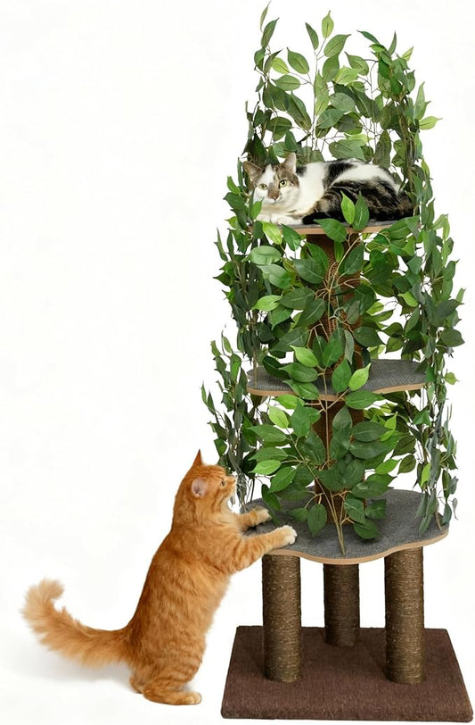 Cat Tree with Leaves – Stable & Space-Saving Design – 4 Scratch Levels & 5 Scratching Posts – for Climbing, Hiding and Sleeping – Easy to Assemble – Durable Cat Trees for Indoor Cats – Natural Look