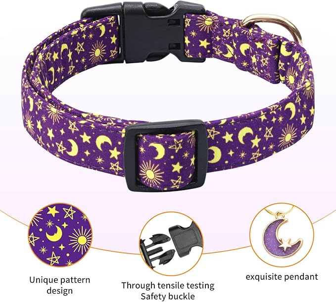 Cotton Dog Collar,Adjustable Cute Puppy Collar with Moon Patterned Design for Small Medium Large Dogs,Soft and Fancy Pet Collar with Safety Buckle for Girl Boy Dogs (Purple Moon, L)