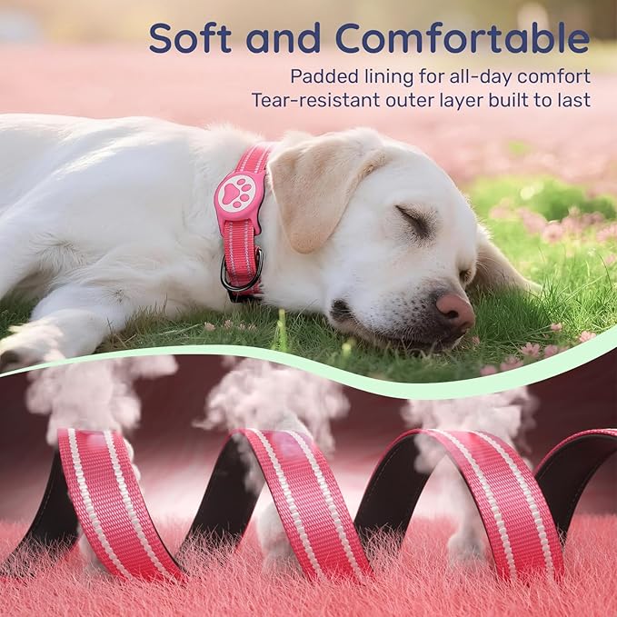 Airtag Dog Collar, Reflective Ultra-Durable Nylon Padded with QR Code Buckle & IP68 Waterproof Air Tag Holder Compatible for Apple AirTag, Comfortable for Small Medium Large Dogs (Hot Pink, XS)
