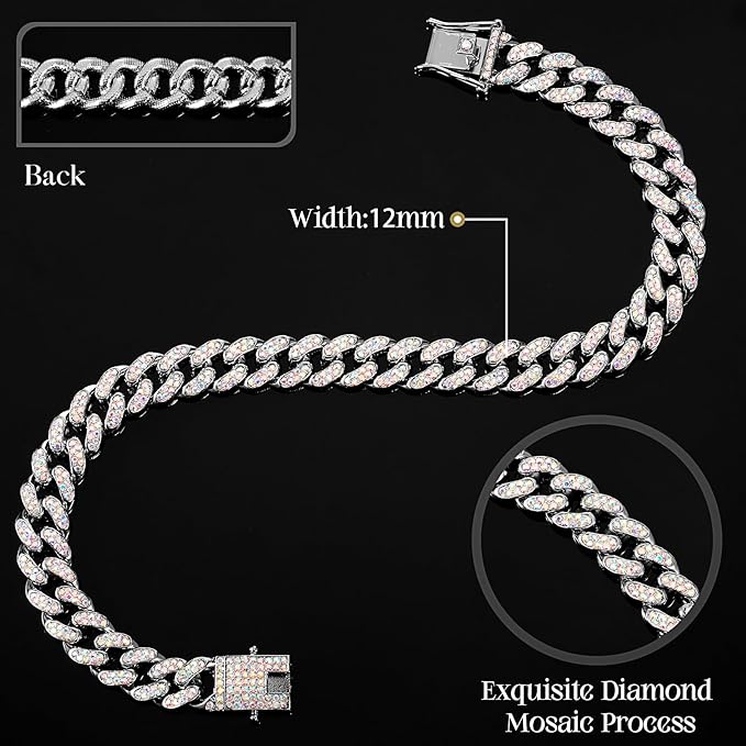LEIFIDE Dog Chain Collar Diamond Link Puppy Collar 12 mm Wide Dog Necklace Metal Cat Chain Pet Crystal Necklace Jewelry Accessories for Small Medium Large Pet(10 Inch,Silver, AB Color)