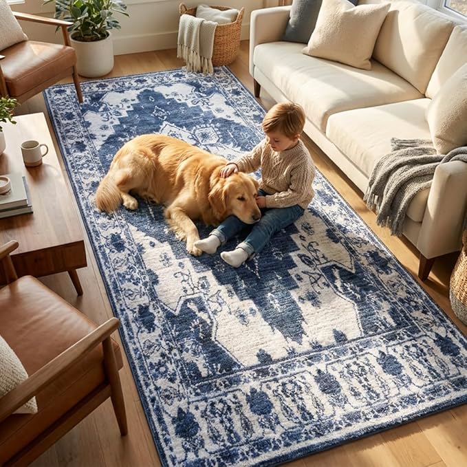 Muddy Mat짰 Navybell 2ft x 7ft Washable Area Rugs for Living Room, Bedroom & Dining Room ??Modern Soft Low Pile Non Slip Carpet ??Pet Friendly Waterproof Foldable Rugs for Home