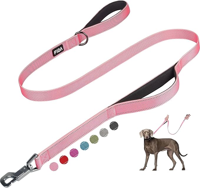 Fida 4 FT Heavy Duty Dog Leash with 2 Comfortable Padded Handles, Traffic Handle & Advanced Easy Snap Hook, Reflective Walking Lead for Large, Medium & Small Breed Dogs, Pink