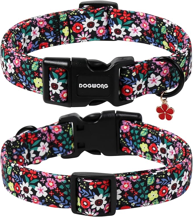 DOGWONG Floral Dog Collar- Cute Spring Wildflowers Dog Collars with Plastic Buckle, Light Adjustable Girl Female Dog Collars for Small Medium Large Dogs,L