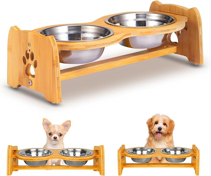 X-ZONE PET Elevated Dog Bowls for Cats and Dogs, Adjustable Bamboo Raised Dog Bowls for Small Dog, Food and Water Set Stand Feeder with 2 Stainless Steel Bowls and Anti Slip Feet (Height 4" to 4.5")