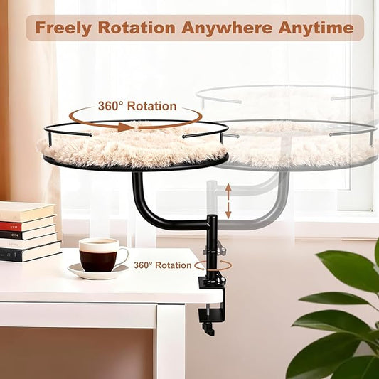 Cat Desk Bed - 360° Rotating & Adjustable Desk Cat Bed Attachment for Small Workspace, Supports 45 lbs, Washable Soft Thick Fur Mat, Large Kitten Nest Furniture for Office Desk Game Table