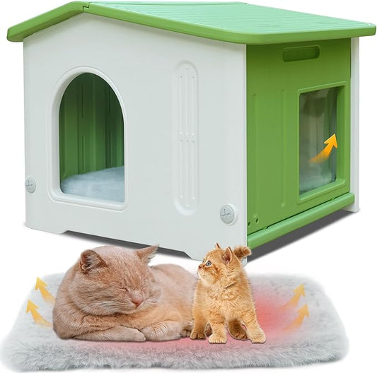 Outdoor Cat House with Escape Door,Feral Cat House with Selfwarming Mat Outdoor Cat House Watwerproof Large Cat House for 1-2 Cats, Assemble Easily-Green
