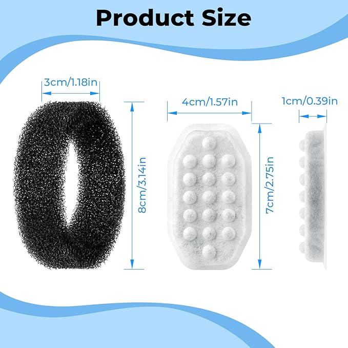 12 Pack Cat Water Fountain Filters with 12 Pack Pre-Filter Sponges, Pet Fountain Filter Replacement for 3.2L/108oz Automatic Pet Water Fountain
