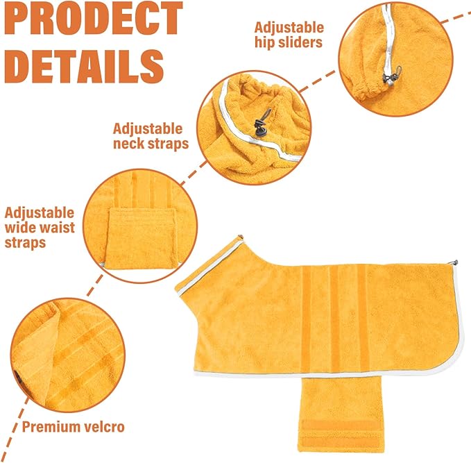 Dog Robe - Fast Drying Towel - Microfiber Super Absorbent Pet Bathrobe, Adjustable Collar & Belly Strap (Yellow, Small)