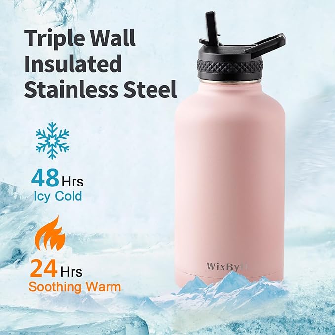64 oz Insulated Water Bottle with Straw (Cold for 48 Hrs), Half Gallon Stainless Steel Triple Wall Vacuum Sports Water Jug, Leakproof Hydro Cup Flask with Straw Spout Lids & DIY Stickers