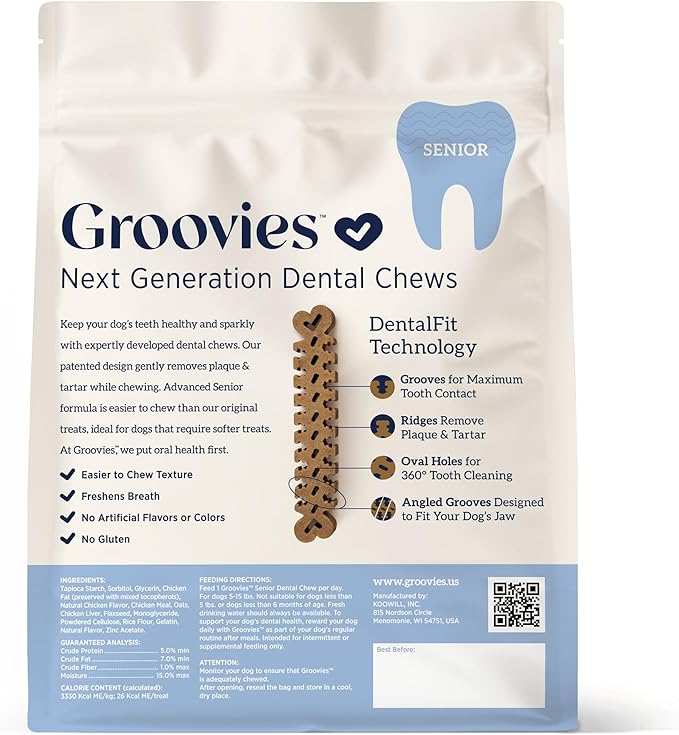 Groovies Slightly Softer, Yet Flexible Dental Chew for Senior Dogs & Delicate Chewers. Powered by USA-Patented DentalFit Tech. No Added Gluten, No Artificial Flavors or Colors. 27oz Small (96Chews)