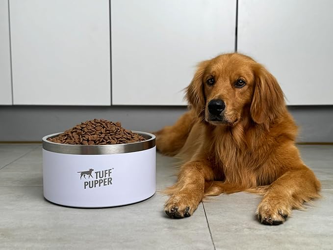 Tuff Pupper Heavy Duty Insulated Dog Bowl | Double Wall Stainless Steel Dog Food Dish | Non-Slip Spill Proof Dishwasher Safe Cat Bowl | Water Dish for Feeding Large Medium Small Pets (188oz, White)