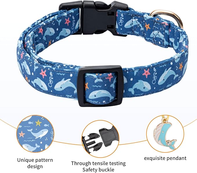 Cotton Dog Collar,Adjustable Cute Puppy Collar with Moon Patterned Design for Small Medium Large Dogs,Soft and Fancy Pet Collar with Safety Buckle for Girl Boy Dogs (Blue Whale, Medium)