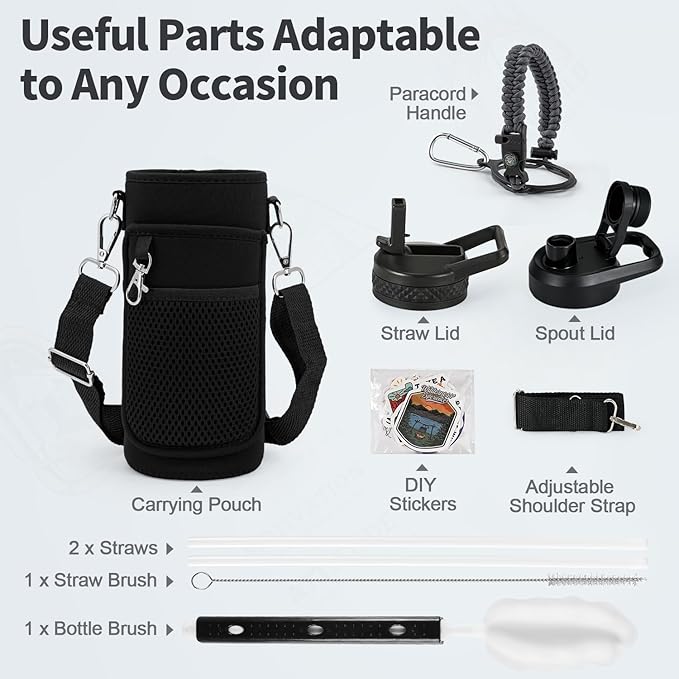 32 oz Insulated Water Bottle with Straw (Cold for 48 Hrs), Stainless Steel Triple Wall Vacuum Sports Water Jug, Leakproof Hydro Cup Flask with Paracord Handle & Straw Spout Lids & DIY Stickers