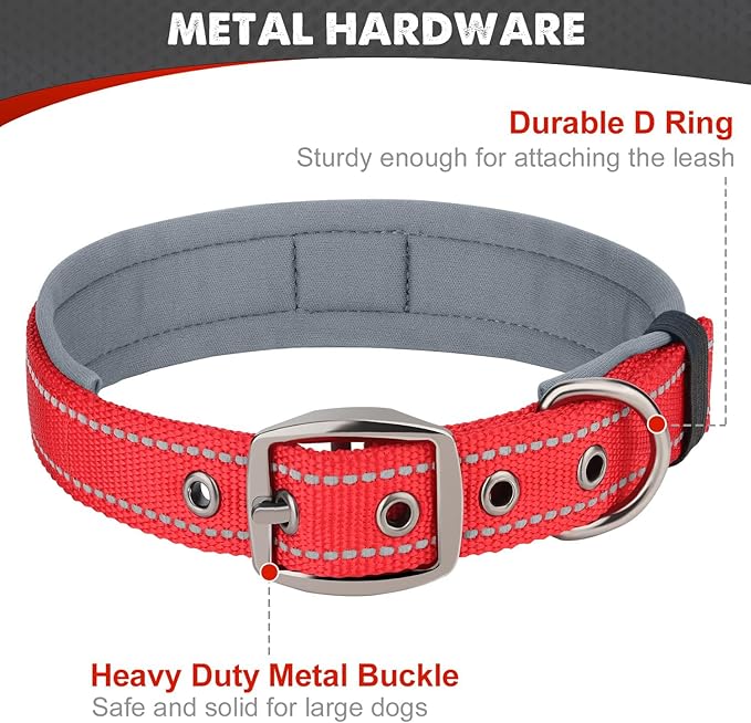 Joytale Dog Collar for Small Dogs, Neoprene Padded and Adjustable, Reflective Wide Heavy Duty Pet Collars with Durable Metal Belt Buckle for Walking, Red, S