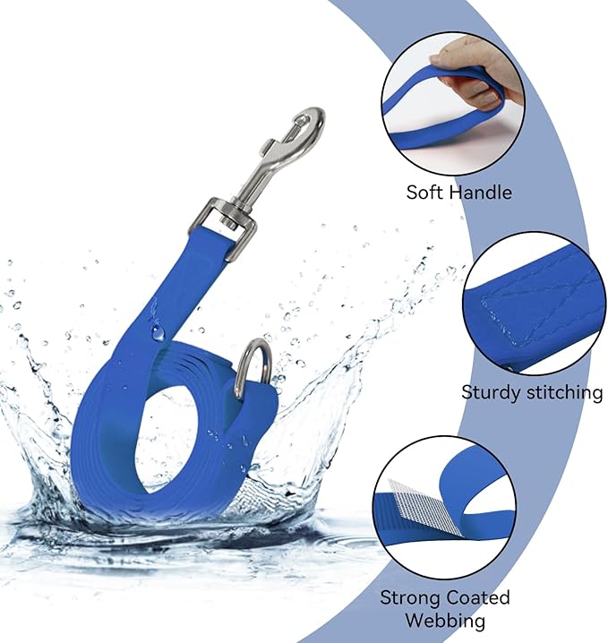 Waterproof Dog Leash, 5/6 FT Durable Odor-Proof Dog Leashes with Strong Metal Hooks Fits Small Medium or Large Dogs (Blue, 6FT - 1 inch Width)