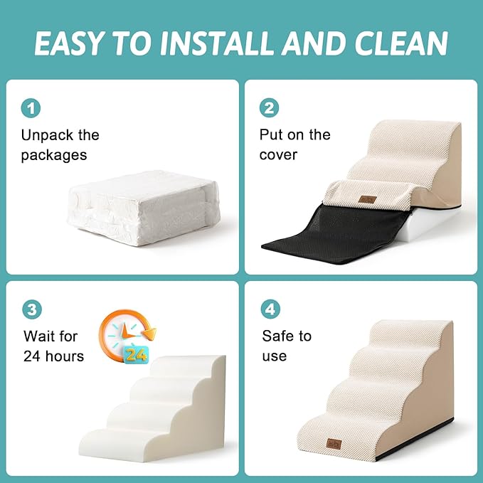 Dog Stairs for Small Dogs 15.7" H, Curved Dog Step for Puppy, Older Cat, Medium Pet Ramp for Sofa, Couch or Chair, Ladder with High Density Foam, 3 Step, 15.7x22.4x15.7 inch, Beige