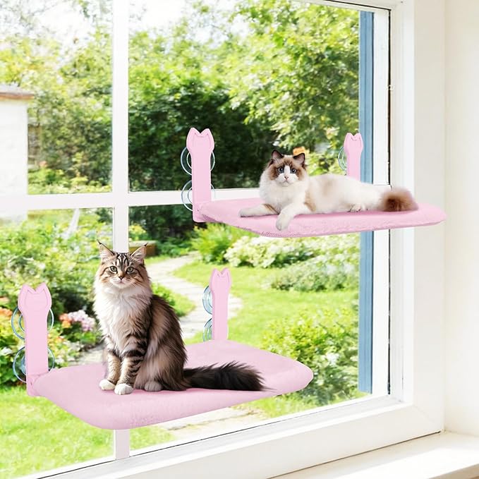 2 Pack Cat Window Perch,Cat Window Hammock Cordless Foldable Window Bed with 4 Large Strong Suction Cup,Reversible Cushion Cover,Metal Frame Easy to Adjust Window Seat Holds up to 40lbs(Pink，M)