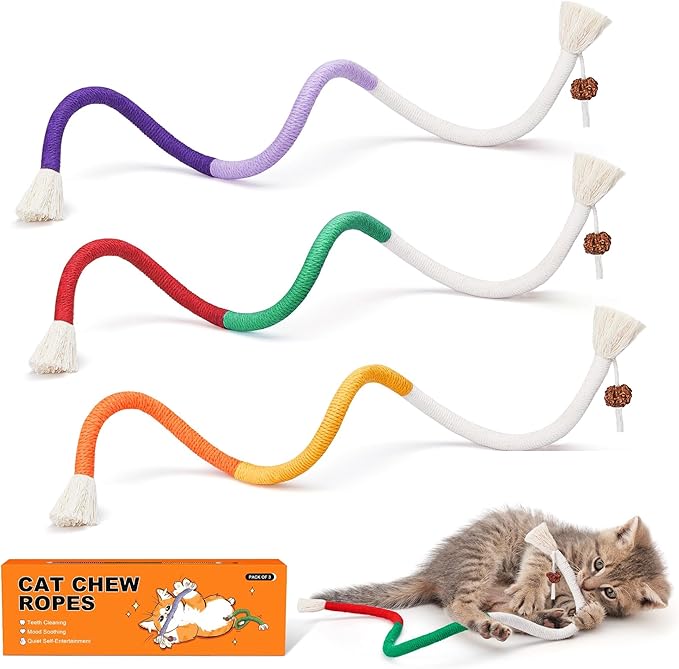 Potaroma Cat Toys Chew Ropes 3Pcs with Refillable Natural Catnip, Safe Teeth Cleaning Toy for Indoor Kittens, Interactive Cat Nip Kitty Toys for All Breeds 19.5 Inches