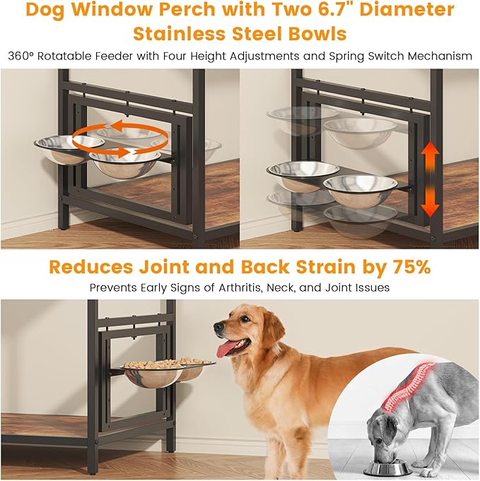 Pet Window Perch with 360° & Adjustable Raised Feeder, Pet Bunk Bed with Stairs and Storage, Dog Beds Attachment to Human Bed, Bedside Dogs Cot for Small, Medium Cats & Dogs