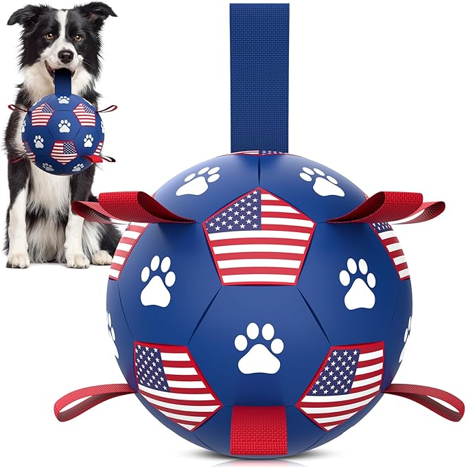 QDAN Dog Toys, Soccer Ball with Straps, Durable Dog Balls for Small Medium, Beach Pool Dog Water Toy (6 Inch)
