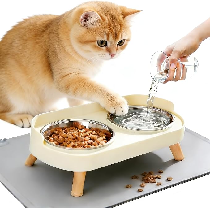 Elevated Cat Bowls with Food Mat, Splash Proof Anti Vomiting Raised Cat Food and Water Bowl Set, 2 Stainless Steel Dishes for Cats and Puppy, Pet Bowl for Indoor Cats White