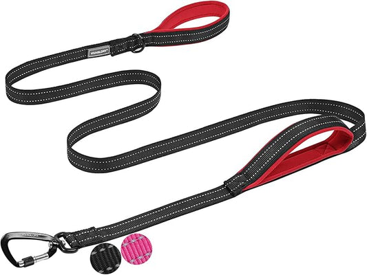 VIVAGLORY Dog Leash Lighthook Double Handle Dog Leash with Traffic Handle & Locking Carabiner for Walking & Training, Traffic Control Lightweight Carabiner for Puppy Pet, 4ft x 1in, Black