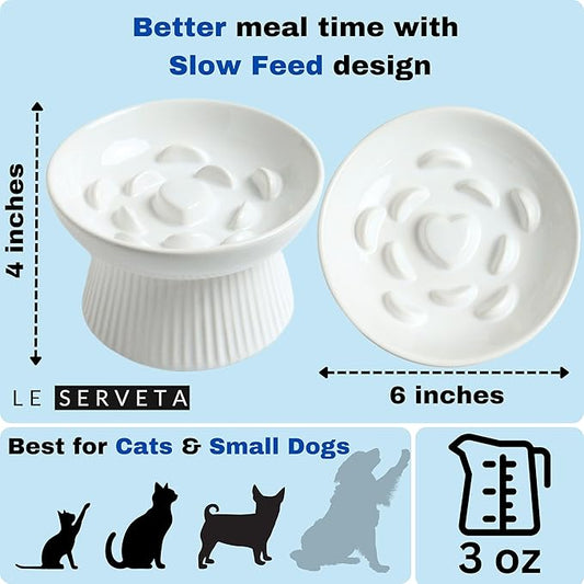 2 Pack Ceramic Slow Feeder Cat Bowl, Raised Puzzle Feeder, Anti Vomiting, Elevated Food Bowl, Whisker Friendly (White)