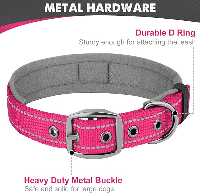Joytale Dog Collar for Extra Large Dogs, Neoprene Padded and Adjustable, Reflective Wide Heavy Duty Pet Collars with Durable Metal Belt Buckle for Walking, Hotpink, XL