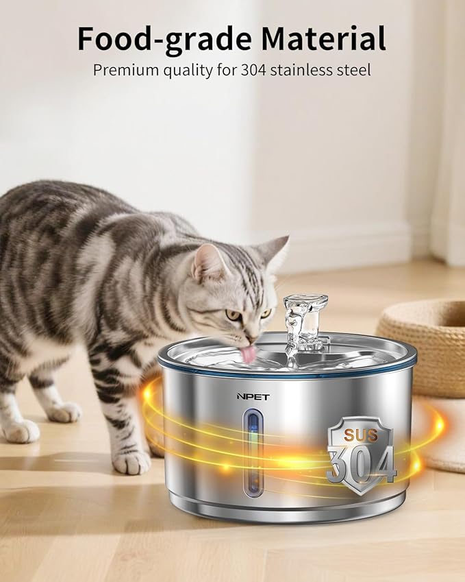 NPET Stainless Steel Cat Water Fountain, 1Gallon/135oz Automatic Pet Drinking Fountain Dog Water Dispenser with 8 Replacement Filters for Cats Indoor
