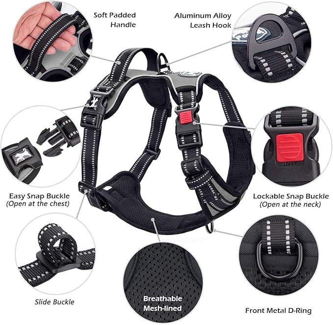 PoyPet Dog Harness No Pull, Reflective Adjustable No Choke Pet Vest with Front & Back Clips, Soft Padded and Control Training Handle for Large Dogs(Grey,XL)