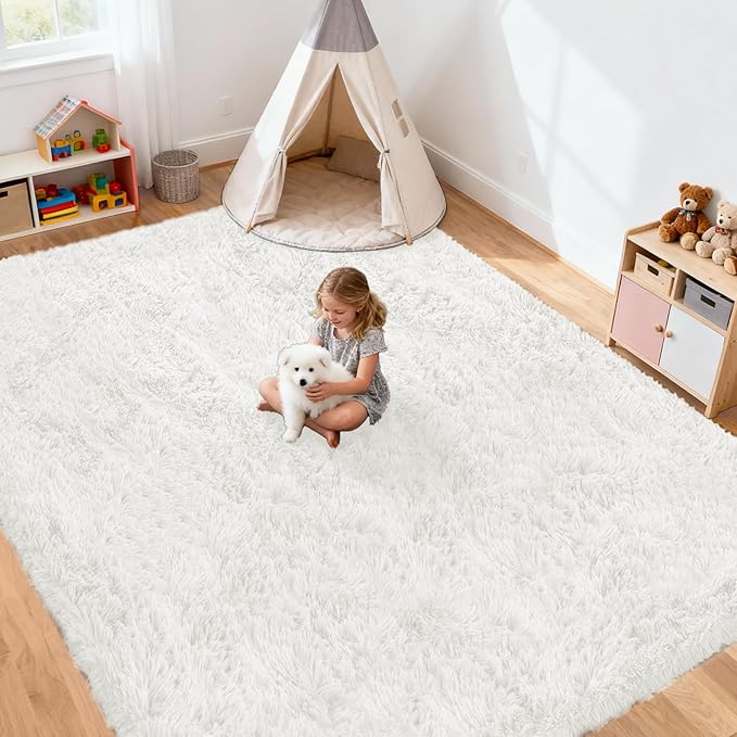 8x10 Area Rug for Living Room: Ultra Soft Fluffy Rug Modern Large Thicked Shag Rug for Bedroom Non Slip Indoor Fuzzy Carpets for Girls Kids Room Nursery Dorm Home Decor White