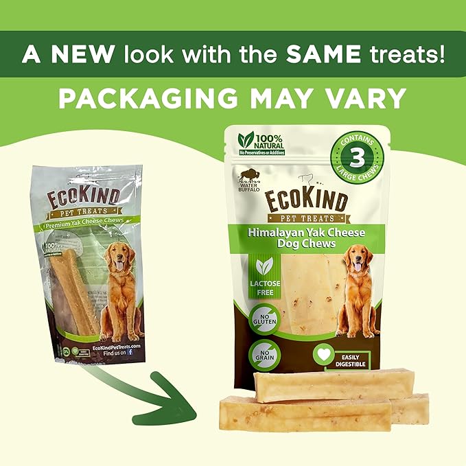 EcoKind Premium Gold Yak Cheese Himalayan Dog Chews, Healthy Dog Treats for Large Dogs, All Natural, High Protein Dog Chew, Water Buffalo, Large - 3 Chews