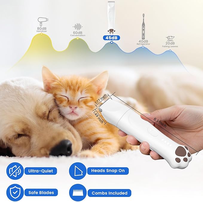 Dog Clippers for Grooming - 4-in-1 Dog Clippers Grooming Kit with Low Noise & IPX7 Waterproof Design Includes Comb Paw Trimmer Nail Grinder - Rechargeable & Cordless Dog paw Trimmer（White）