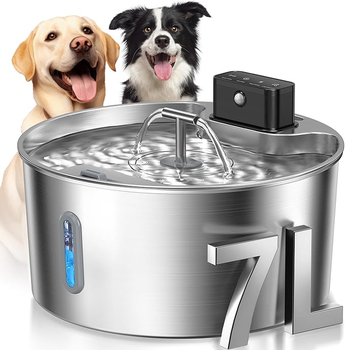 Voluas Dog Water Fountain, Automatic Water Dispenser for Dogs, 236oz/1.8Gal/7L Wireless Stainless Steel Pet Fountains, Battery Operated Cat Dispenser with Ultra-Silence Pump
